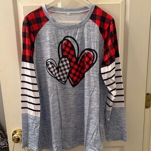 Ladies Long Sleeve Tee with Plaid Heart Design